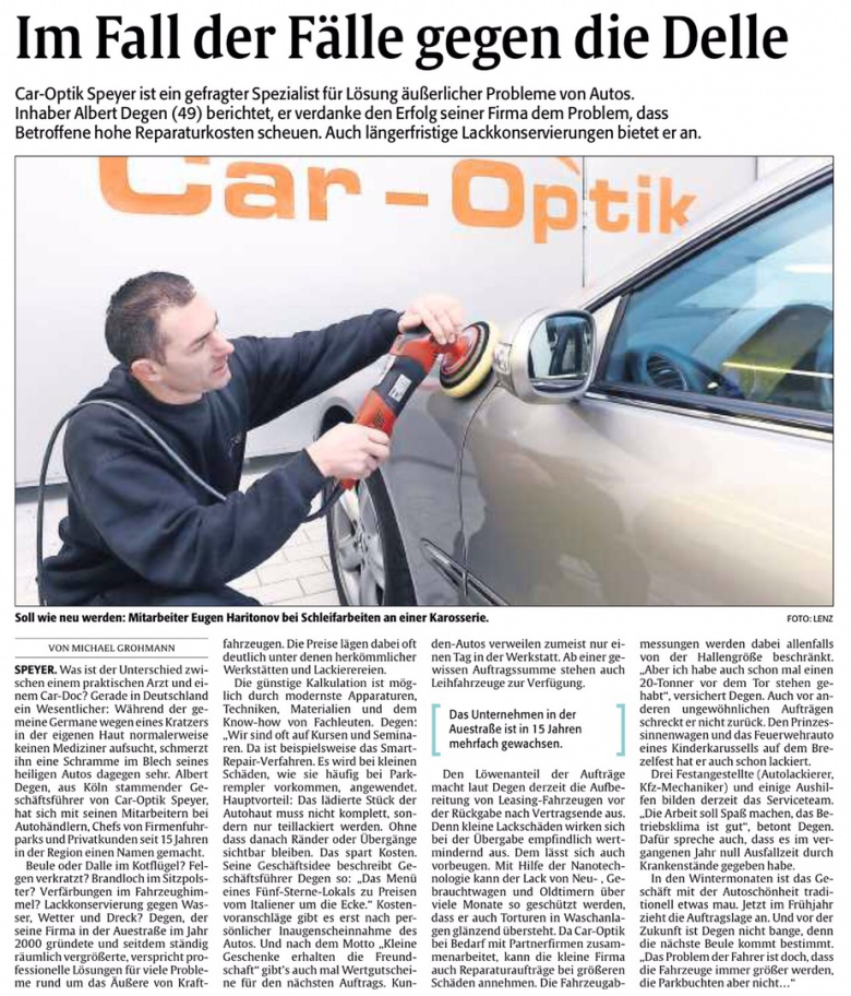 Zeitungsbericht über Car-Optik und die Fahrzeugaufbereitung